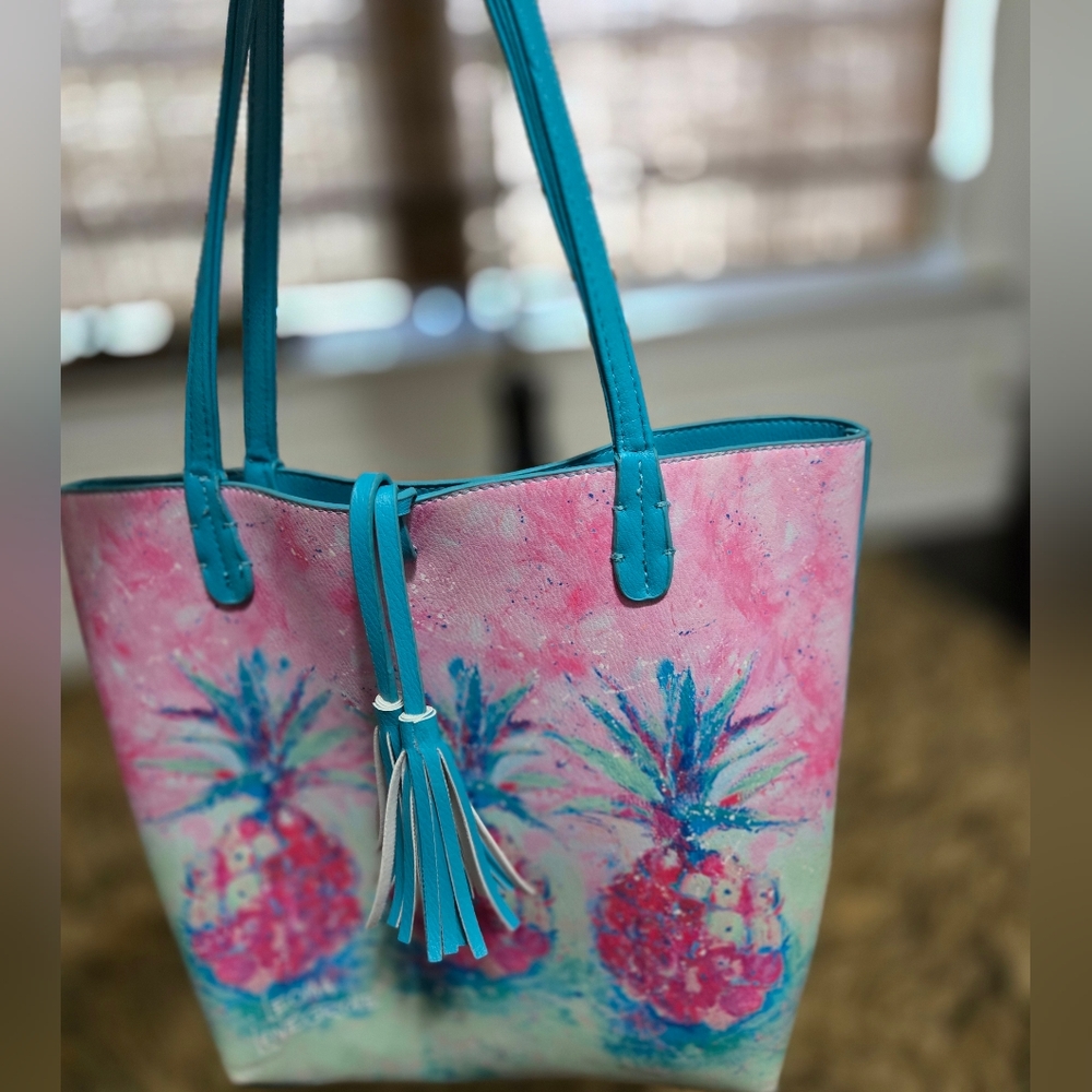 Leoma Lovegrove Tropical Pink and Blue Pineapple Tote Bag With Insert Bag